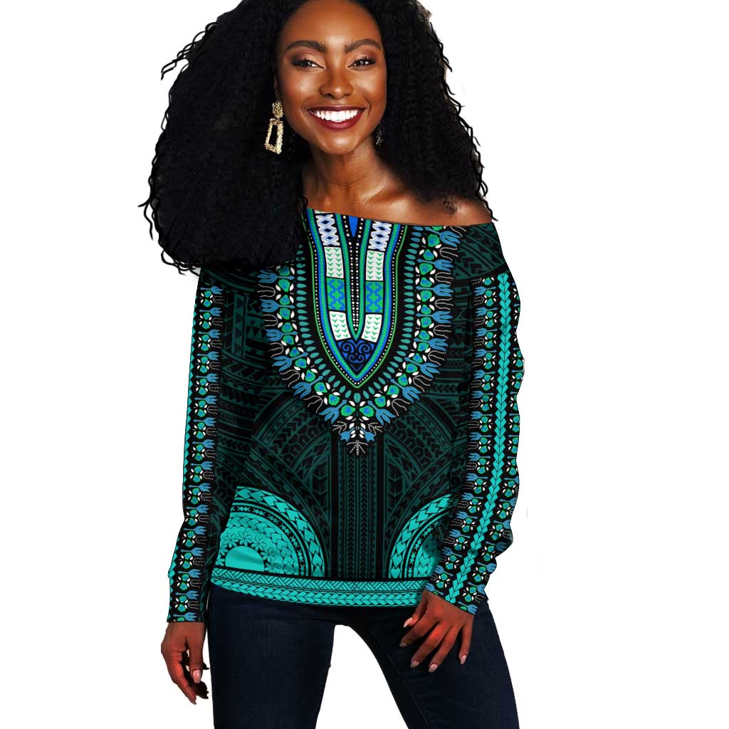 African Dashiki and Polynesian Pattern Off Shoulder Sweater Teal