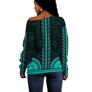 African Dashiki and Polynesian Pattern Off Shoulder Sweater Teal