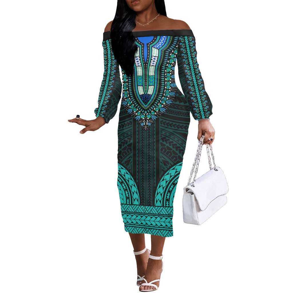 African Dashiki and Polynesian Pattern Off The Shoulder Long Sleeve Dress Teal