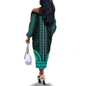 African Dashiki and Polynesian Pattern Off The Shoulder Long Sleeve Dress Teal