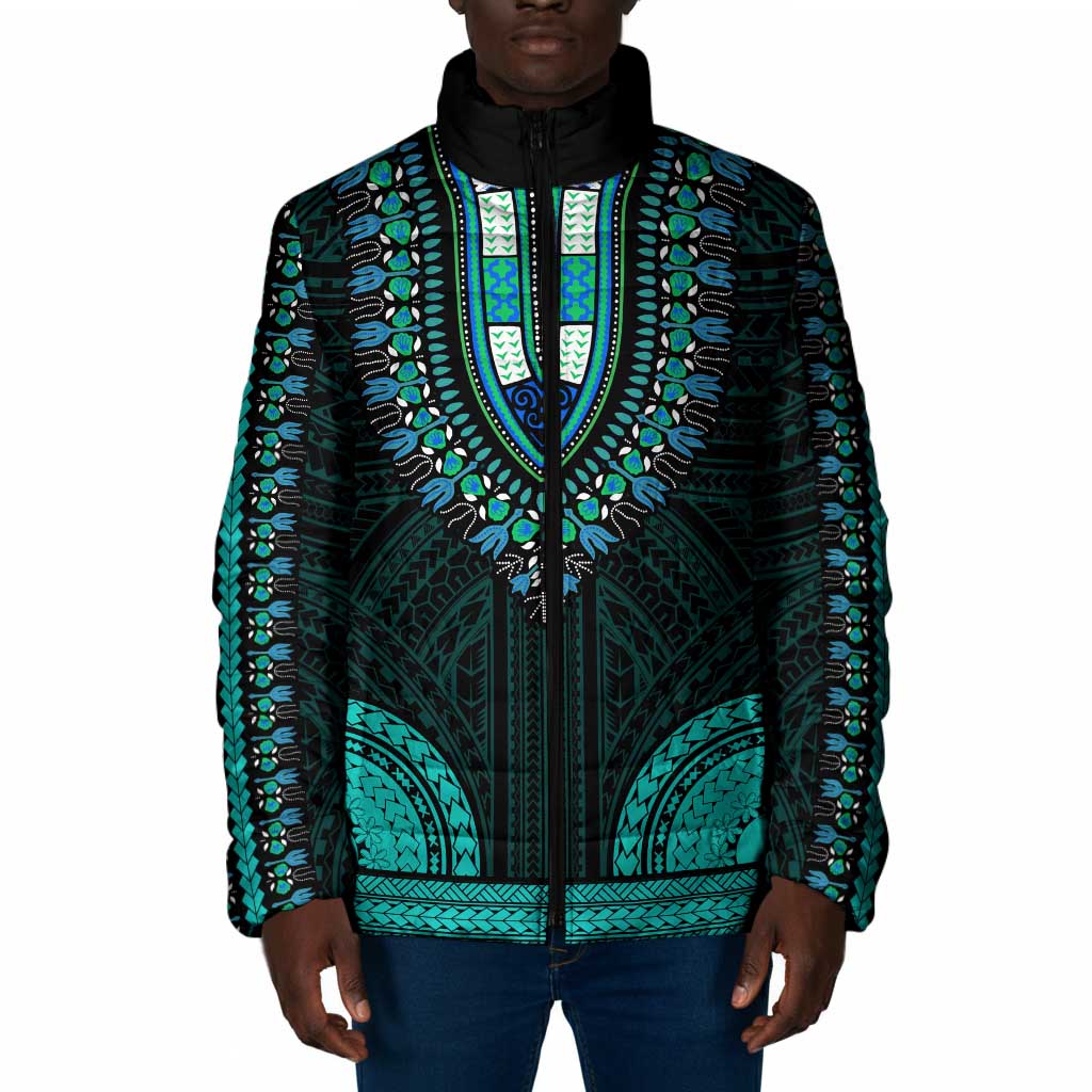 African Dashiki and Polynesian Pattern Padded Jacket Teal