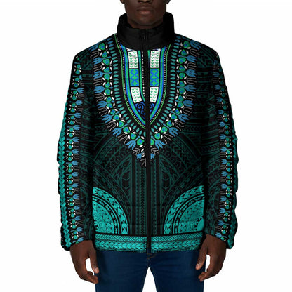 African Dashiki and Polynesian Pattern Padded Jacket Teal