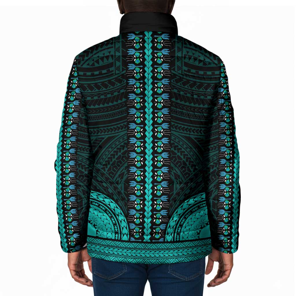 African Dashiki and Polynesian Pattern Padded Jacket Teal