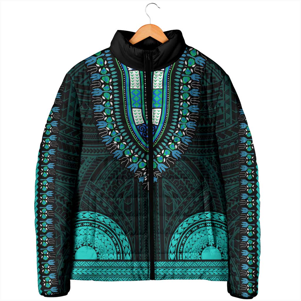 African Dashiki and Polynesian Pattern Padded Jacket Teal