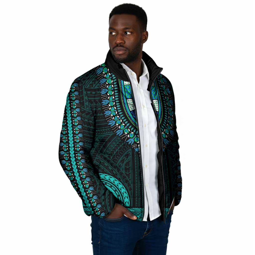 African Dashiki and Polynesian Pattern Padded Jacket Teal