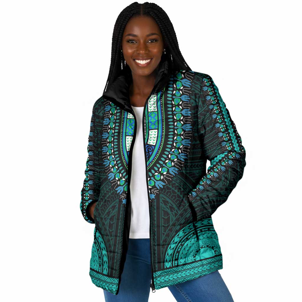 African Dashiki and Polynesian Pattern Padded Jacket Teal
