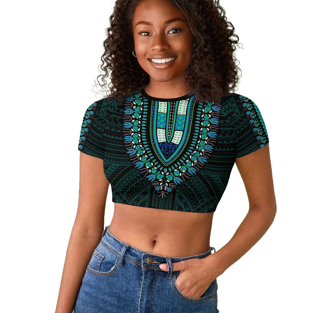 African Dashiki and Polynesian Pattern Raglan Cropped T shirt Teal