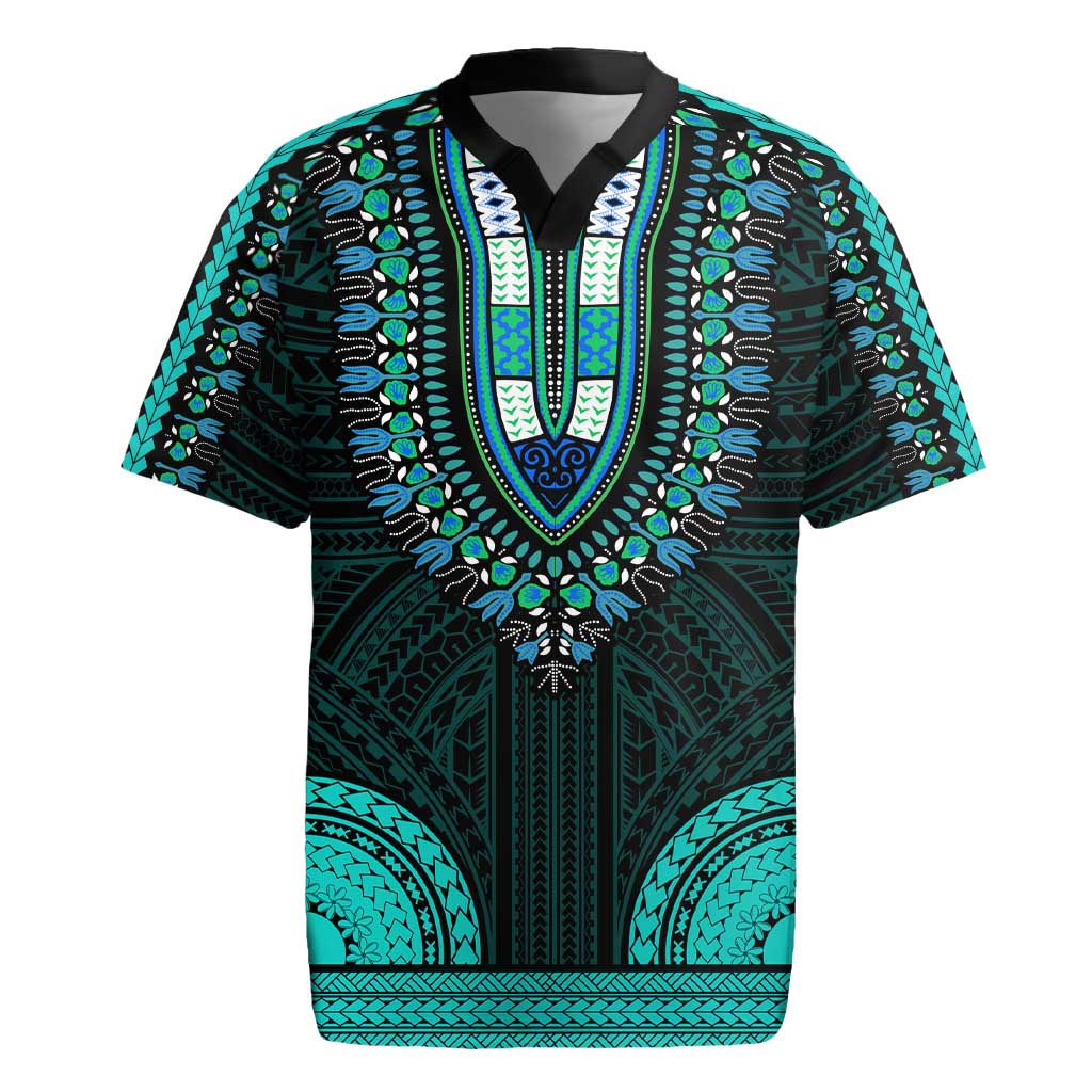 African Dashiki and Polynesian Pattern Rugby Jersey Teal