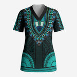 African Dashiki and Polynesian Pattern Scrub Top Teal