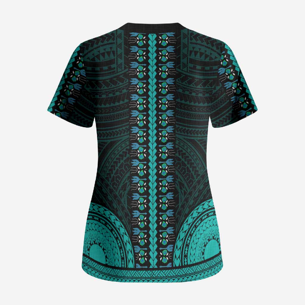 African Dashiki and Polynesian Pattern Scrub Top Teal