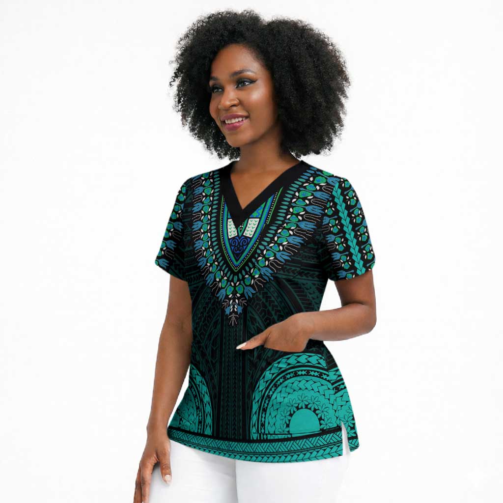 African Dashiki and Polynesian Pattern Scrub Top Teal