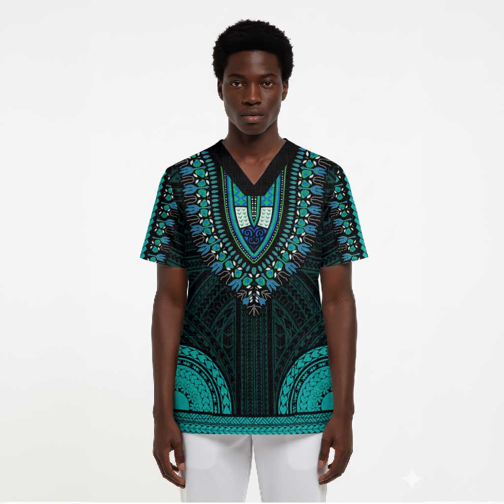 African Dashiki and Polynesian Pattern Scrub Top Teal
