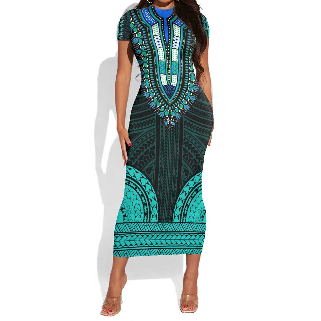 African Dashiki and Polynesian Pattern Short Sleeve Bodycon Dress Teal