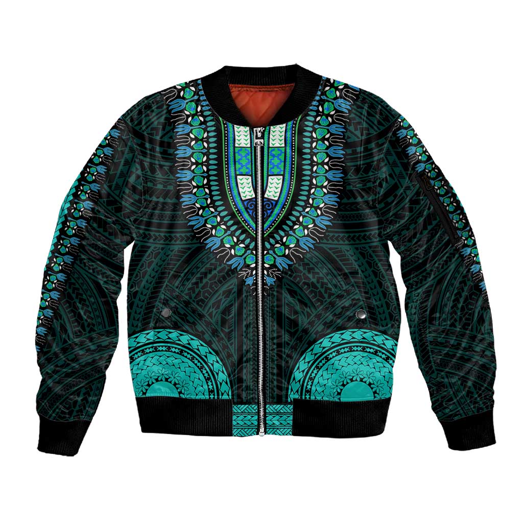 African Dashiki and Polynesian Pattern Sleeve Zip Bomber Jacket Teal