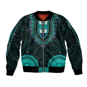 African Dashiki and Polynesian Pattern Sleeve Zip Bomber Jacket Teal