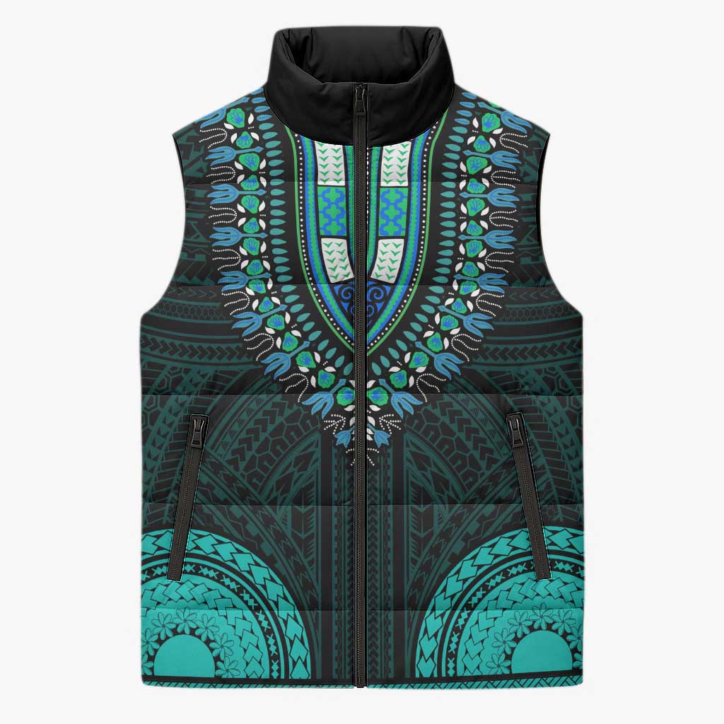 African Dashiki and Polynesian Pattern Sleeveless Puffer Jacket Teal