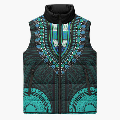 African Dashiki and Polynesian Pattern Sleeveless Puffer Jacket Teal