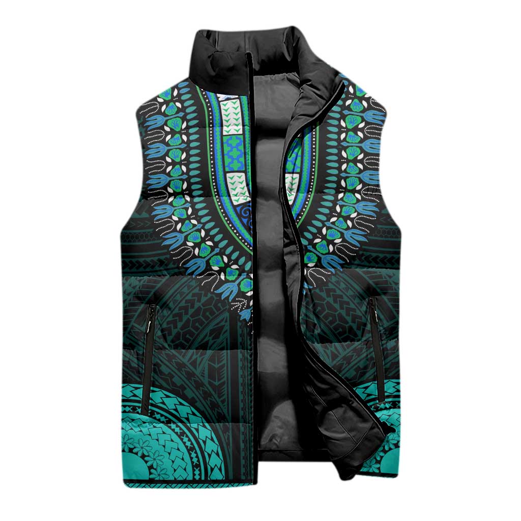 African Dashiki and Polynesian Pattern Sleeveless Puffer Jacket Teal