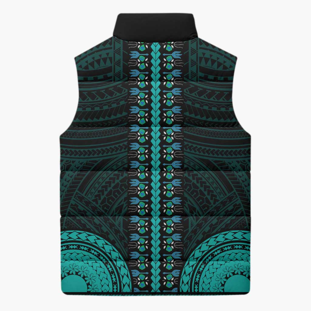 African Dashiki and Polynesian Pattern Sleeveless Puffer Jacket Teal