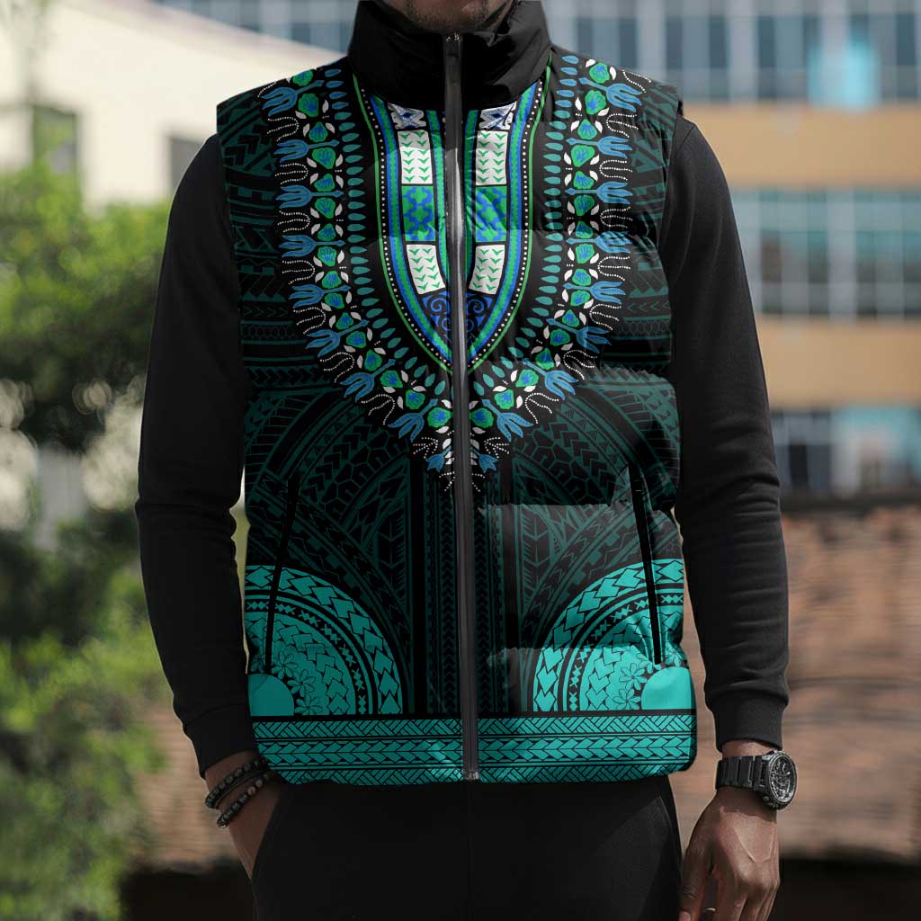 African Dashiki and Polynesian Pattern Sleeveless Puffer Jacket Teal
