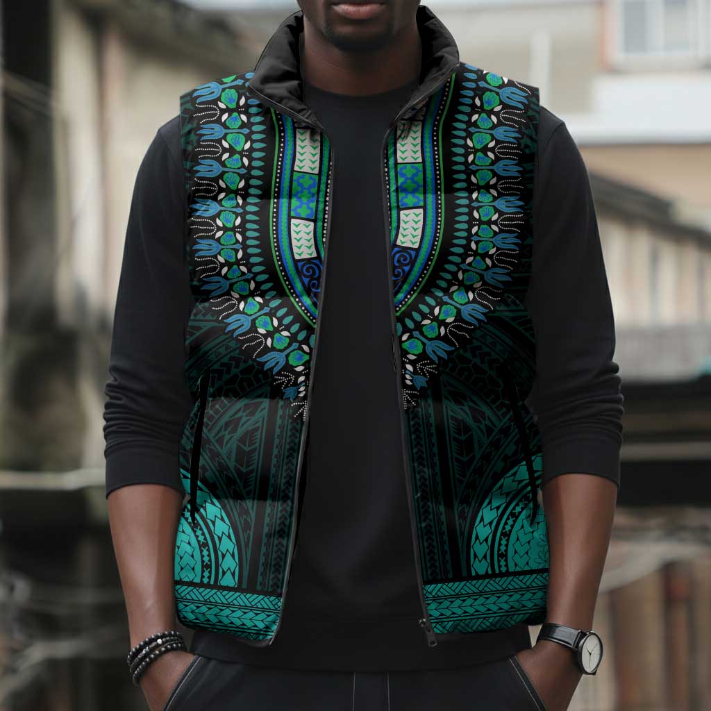 African Dashiki and Polynesian Pattern Sleeveless Puffer Jacket Teal
