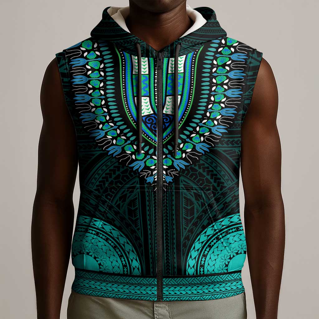 African Dashiki and Polynesian Pattern Sleeveless Zip Hoodie Teal - African Pride