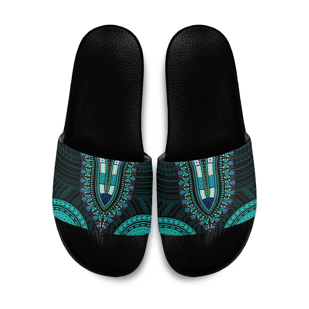 African Dashiki and Polynesian Pattern Slide Sandals Teal