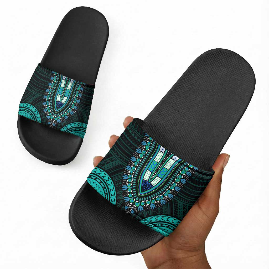African Dashiki and Polynesian Pattern Slide Sandals Teal