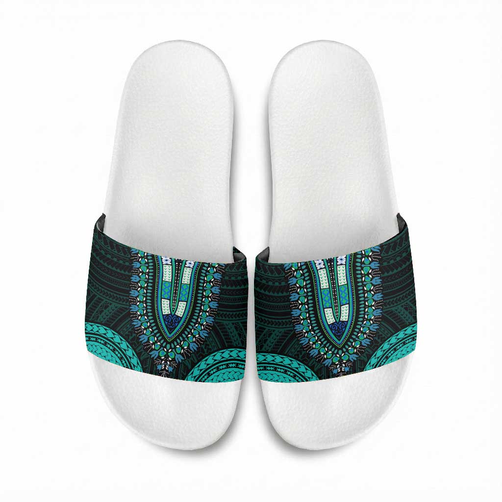 African Dashiki and Polynesian Pattern Slide Sandals Teal