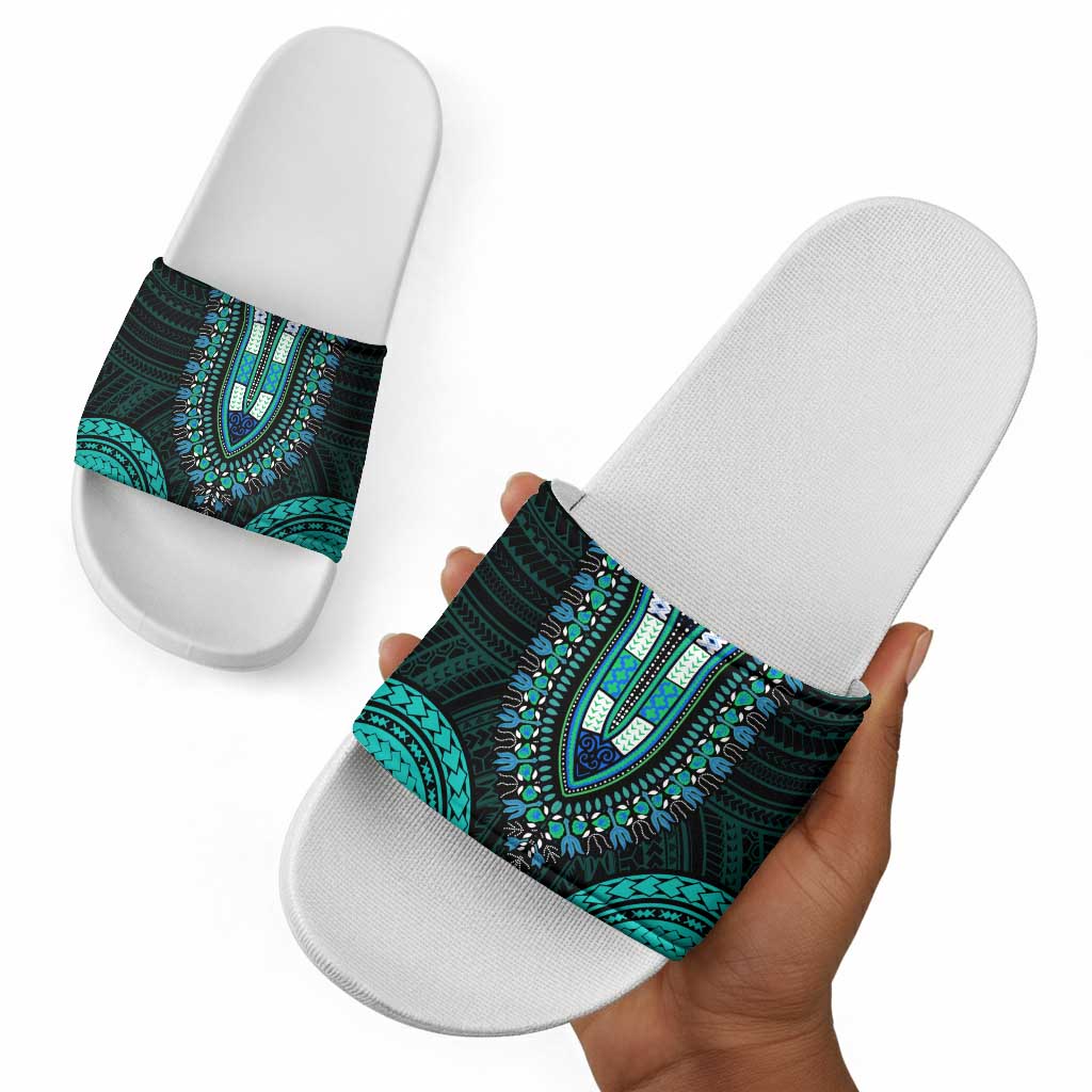 African Dashiki and Polynesian Pattern Slide Sandals Teal