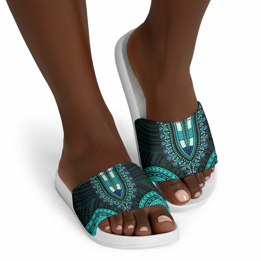African Dashiki and Polynesian Pattern Slide Sandals Teal
