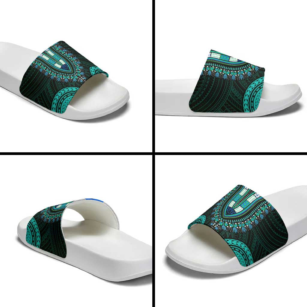 African Dashiki and Polynesian Pattern Slide Sandals Teal