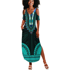 African Dashiki and Polynesian Pattern Summer Maxi Dress Teal