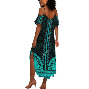 African Dashiki and Polynesian Pattern Summer Maxi Dress Teal