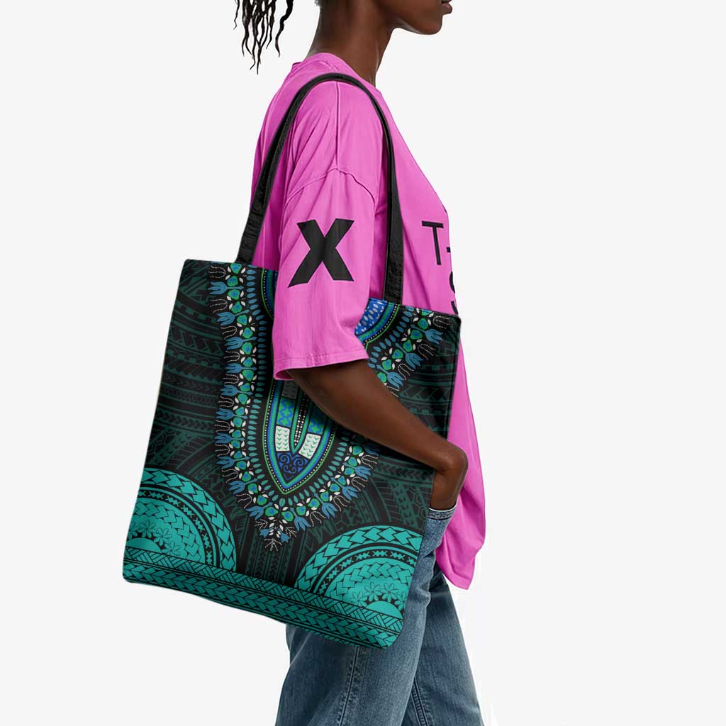 African Dashiki and Polynesian Pattern Tote Bag Teal