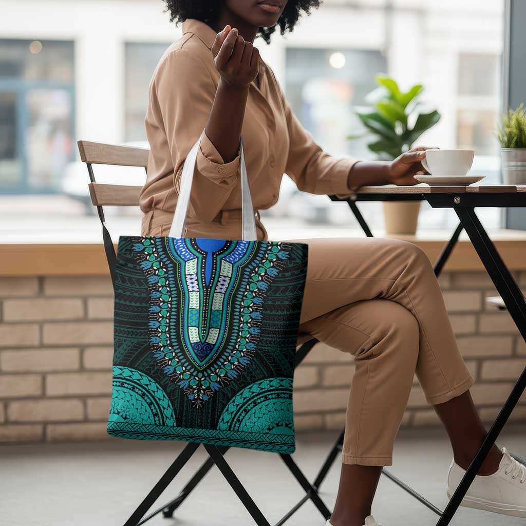 African Dashiki and Polynesian Pattern Tote Bag Teal