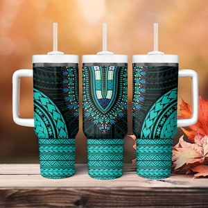 African Dashiki and Polynesian Pattern Tumbler With Handle Teal