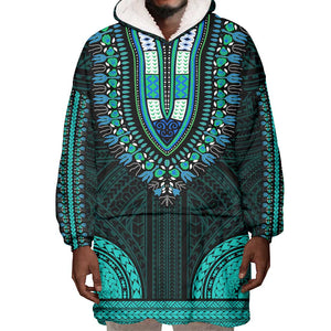 African Dashiki and Polynesian Pattern Wearable Blanket Hoodie Teal