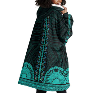 African Dashiki and Polynesian Pattern Wearable Blanket Hoodie Teal