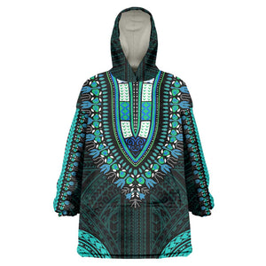 African Dashiki and Polynesian Pattern Wearable Blanket Hoodie Teal