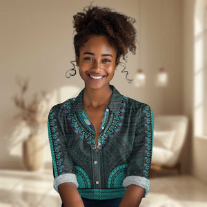 African Dashiki and Polynesian Pattern Women Casual Shirt Teal