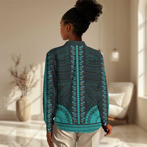 African Dashiki and Polynesian Pattern Women Casual Shirt Teal