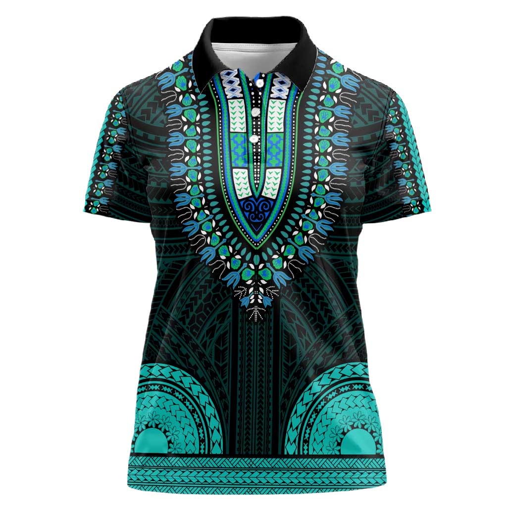 African Dashiki and Polynesian Pattern Women Polo Shirt Teal