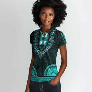 African Dashiki and Polynesian Pattern Women Polo Shirt Teal