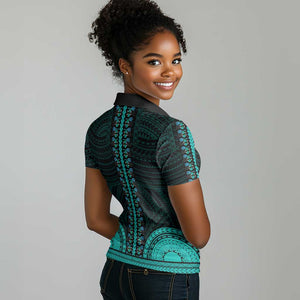 African Dashiki and Polynesian Pattern Women Polo Shirt Teal