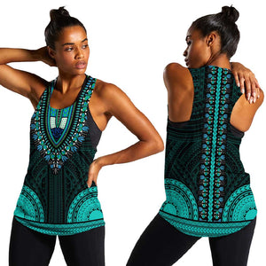 African Dashiki and Polynesian Pattern Women Racerback Tank Teal