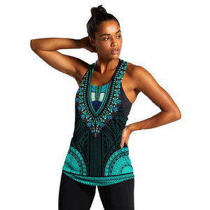 African Dashiki and Polynesian Pattern Women Racerback Tank Teal