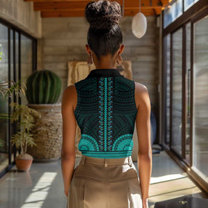 African Dashiki and Polynesian Pattern Women Sleeveless Polo Shirt Teal