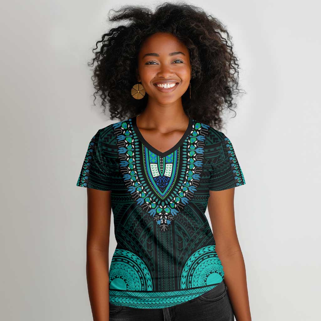 African Dashiki and Polynesian Pattern Women V-Neck T-Shirt Teal