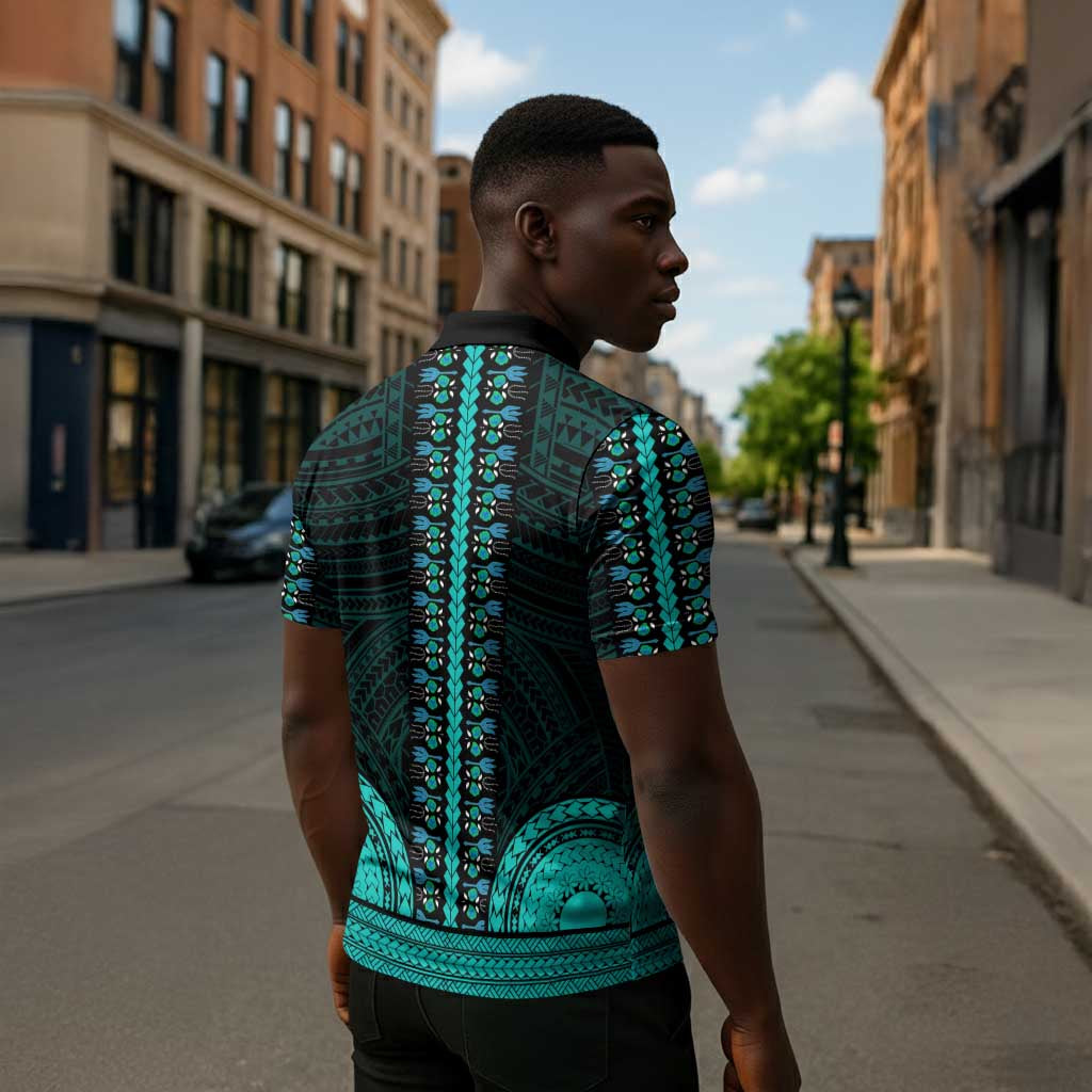 African Dashiki and Polynesian Pattern Zipper Polo Shirt Teal